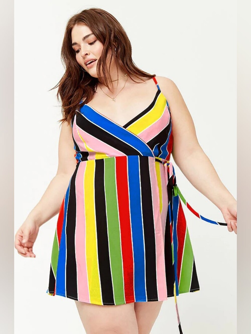 NWT Forever 21+ Women's Plus 1X Multicolor Striped V-Neck Sleeveless Tie Dress